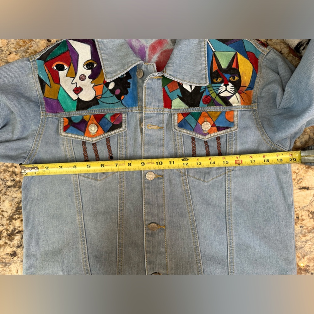 Handpainted modern art cubist style on denim jean jacket OOAK sz SM/MD - Picture 10 of 12